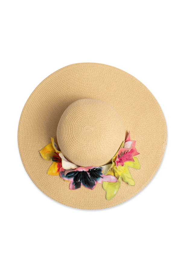 Natori Ophelia Embroidered Cut-Out 3D Applique Straw Hat Natural