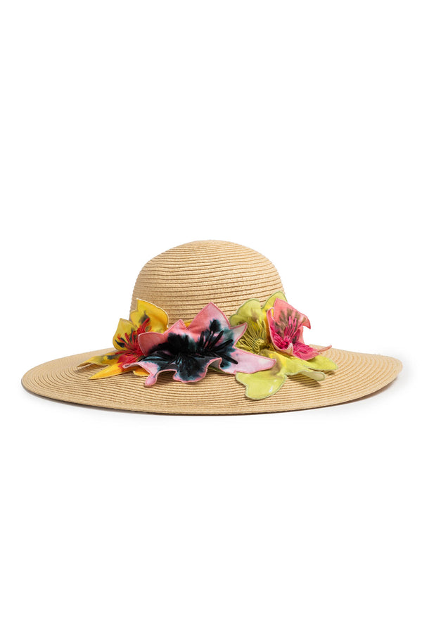 natori Ophelia Embroidered Cut-Out 3D Applique Straw Hat Natural