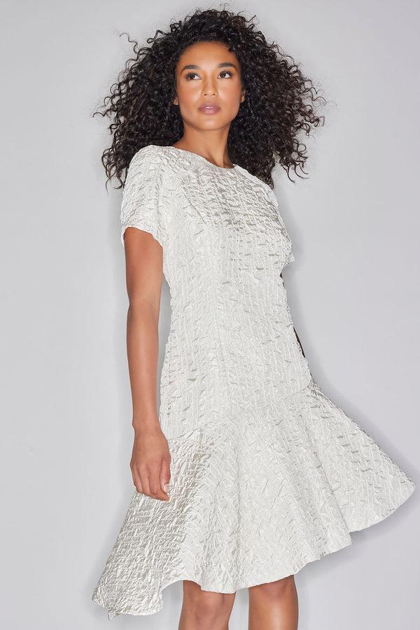 natori Pebbled Jacquard Short Sleeve Flounce Dress Sandstone