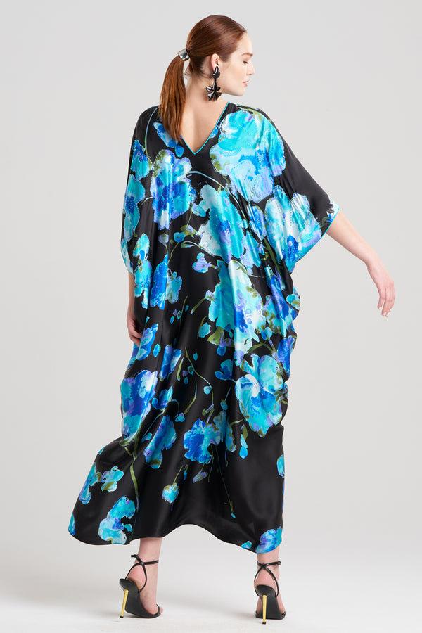 Natori Sakura Matsuri Beaded Cocoon Silk Caftan Black