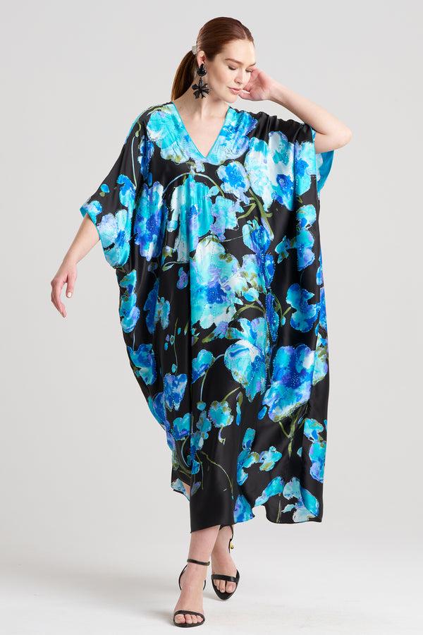 natori Sakura Matsuri Beaded Cocoon Silk Caftan Black