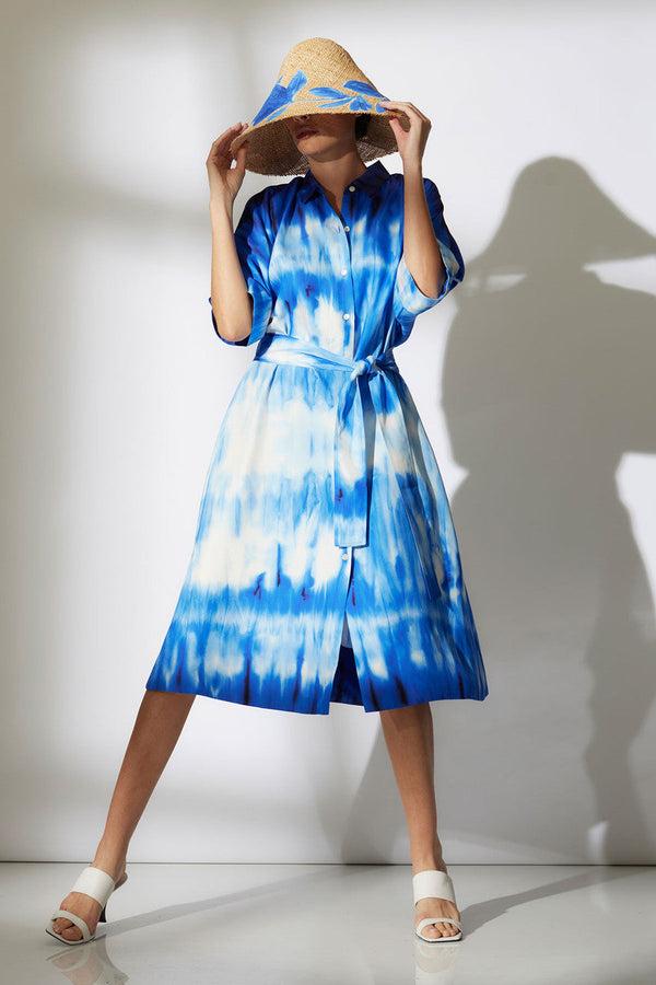 Natori Santorini Printed Cotton Silk Belted Shirtdress Majorelle