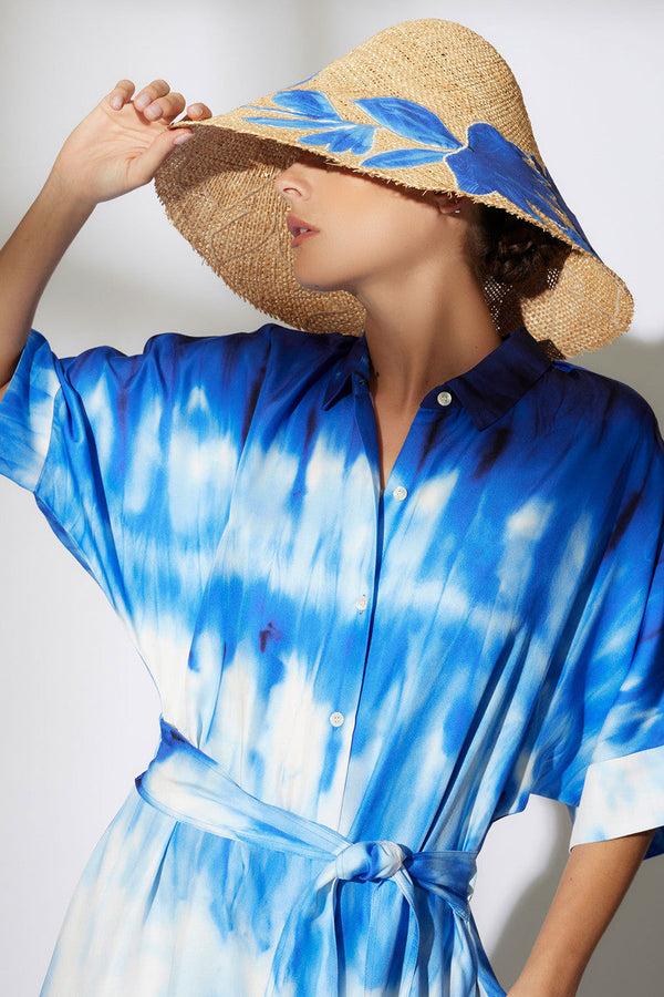 natori Santorini Printed Cotton Silk Belted Shirtdress Majorelle