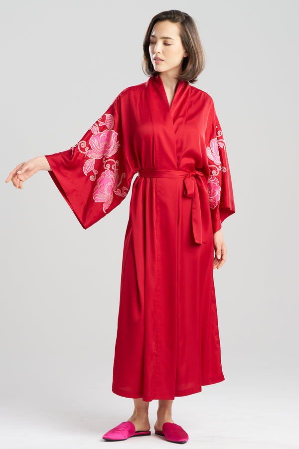 Natori Satin Essentials Embroidered Kimono Brocade Red