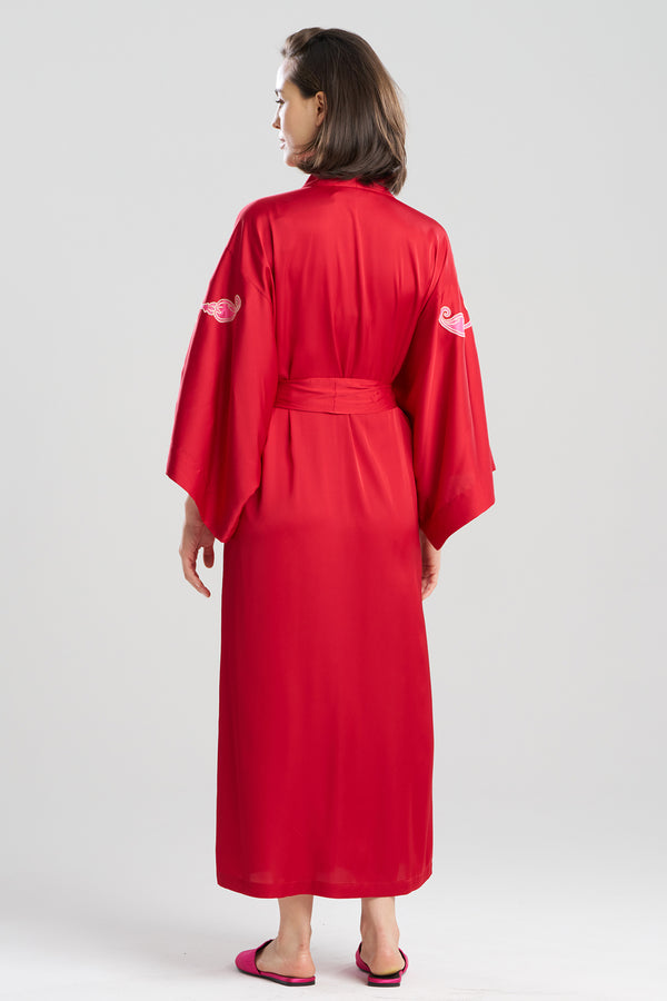 Natori Satin Essentials Embroidered Kimono Brocade Red