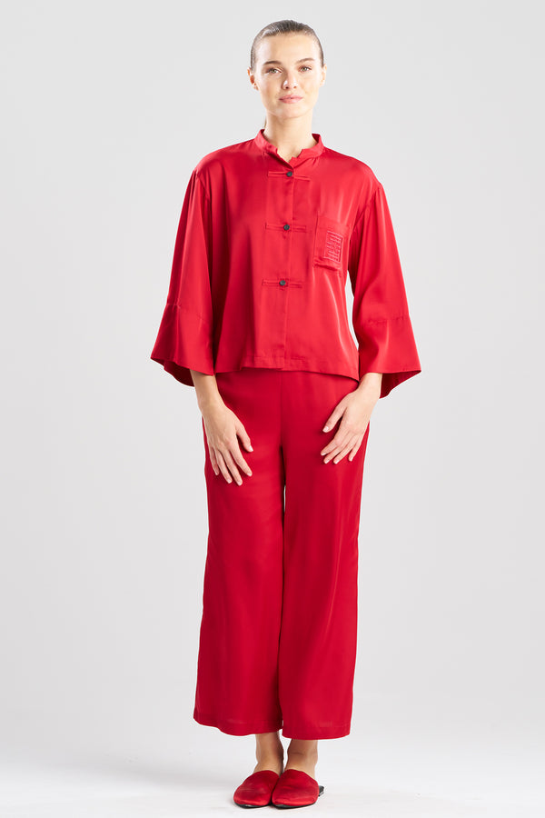 Natori Satin Essentials Embroidered Mandarin PJ Brocade Red