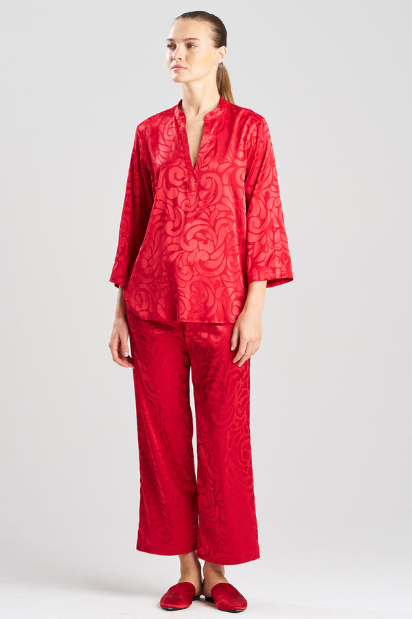 Natori Scroll Satin Jacquard Long Sleeve PJ Brocade Red