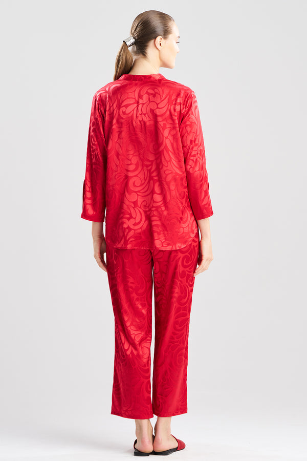 Natori Scroll Satin Jacquard Long Sleeve PJ Brocade Red