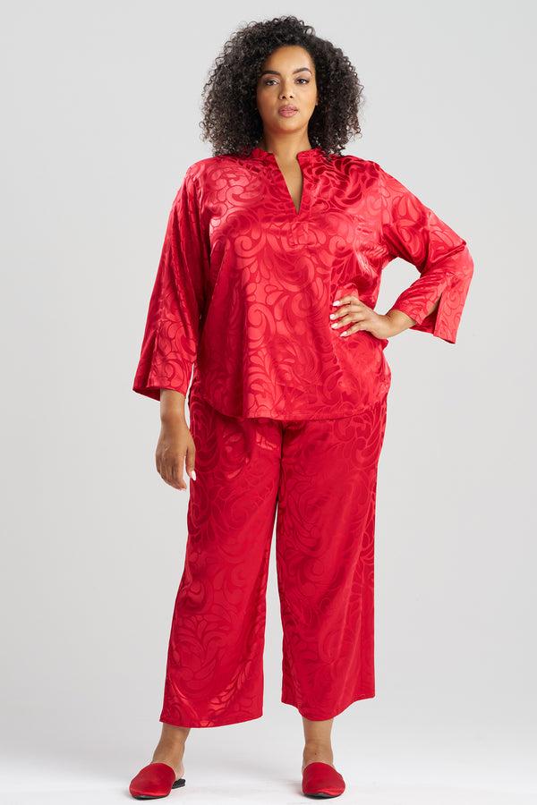Natori Scroll Satin Jacquard Long Sleeve PJ Brocade Red