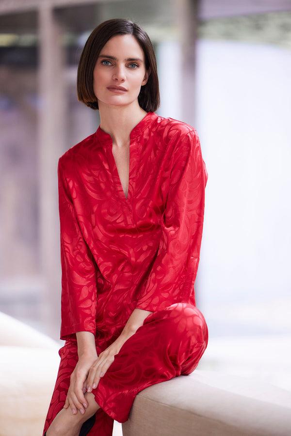 natori Scroll Satin Jacquard Long Sleeve PJ Brocade Red