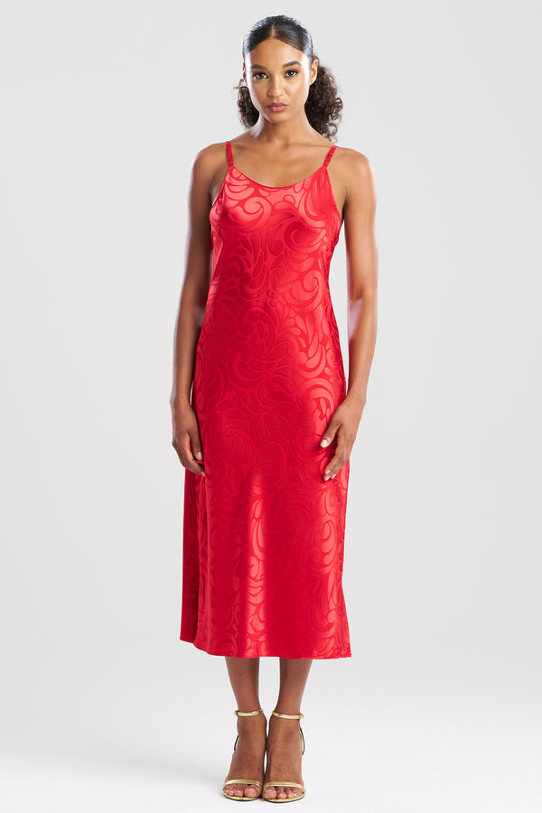 Natori Scroll Satin Jacquard Scoop Neck Slip Dress Brocade Red