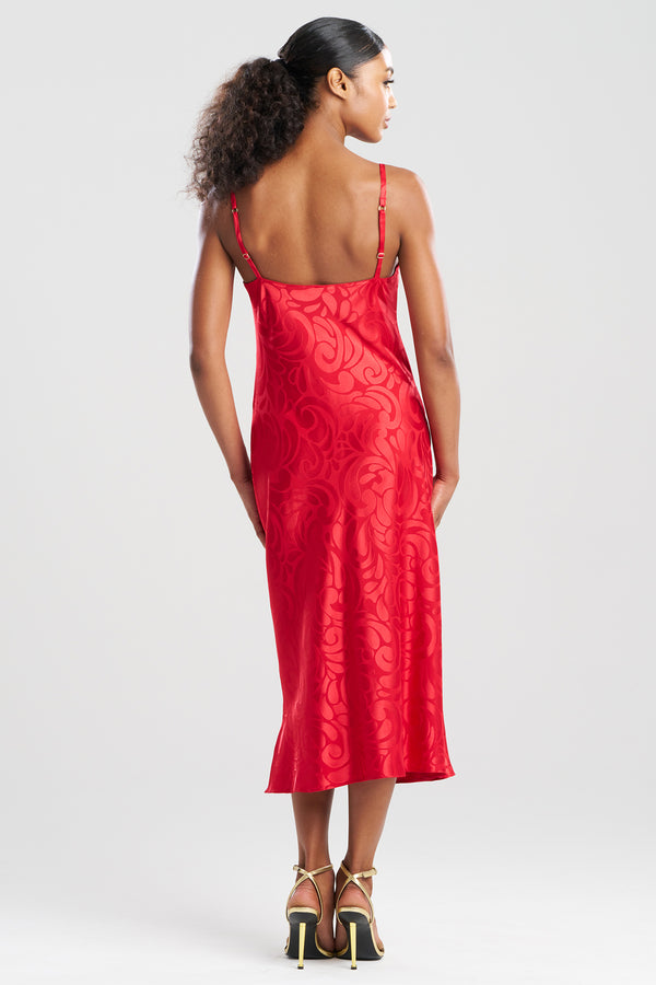 Natori Scroll Satin Jacquard Scoop Neck Slip Dress Brocade Red