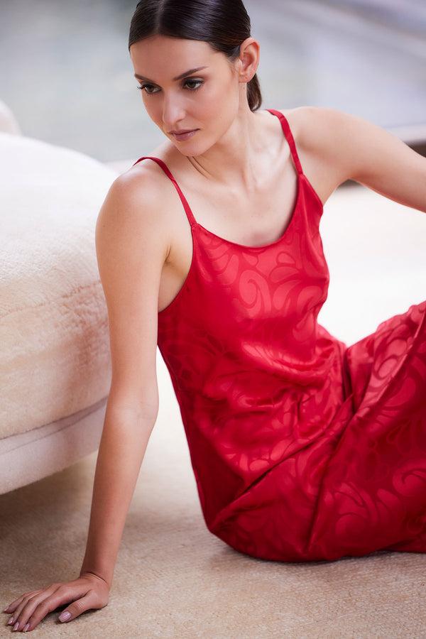 natori Scroll Satin Jacquard Scoop Neck Slip Dress Brocade Red