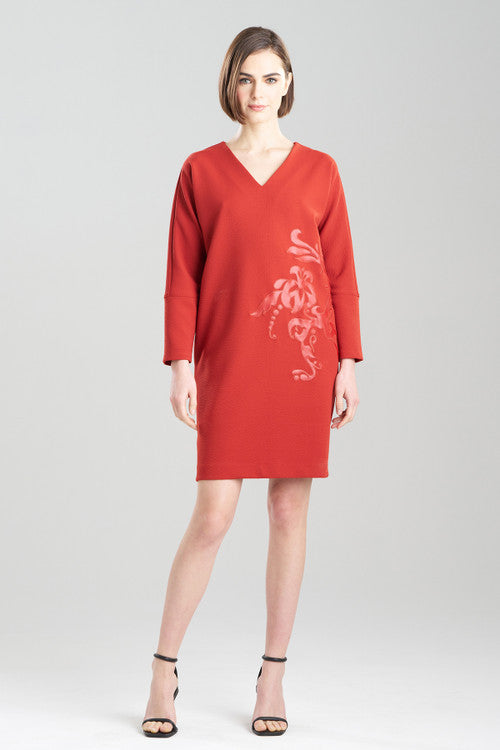 Natori Scuba Crepe Embroidered Wedge V-Neck Dress Burnt Orange