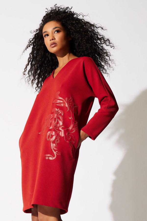 natori Scuba Crepe Embroidered Wedge V-Neck Dress Burnt Orange