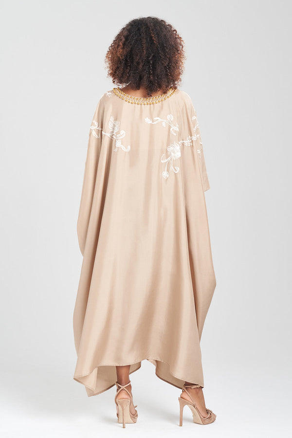 Natori Shinjo Habotai Embroidered Silk Caftan Latte