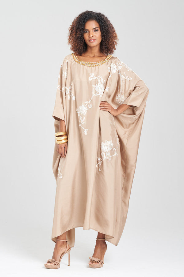 natori Shinjo Habotai Embroidered Silk Caftan Latte