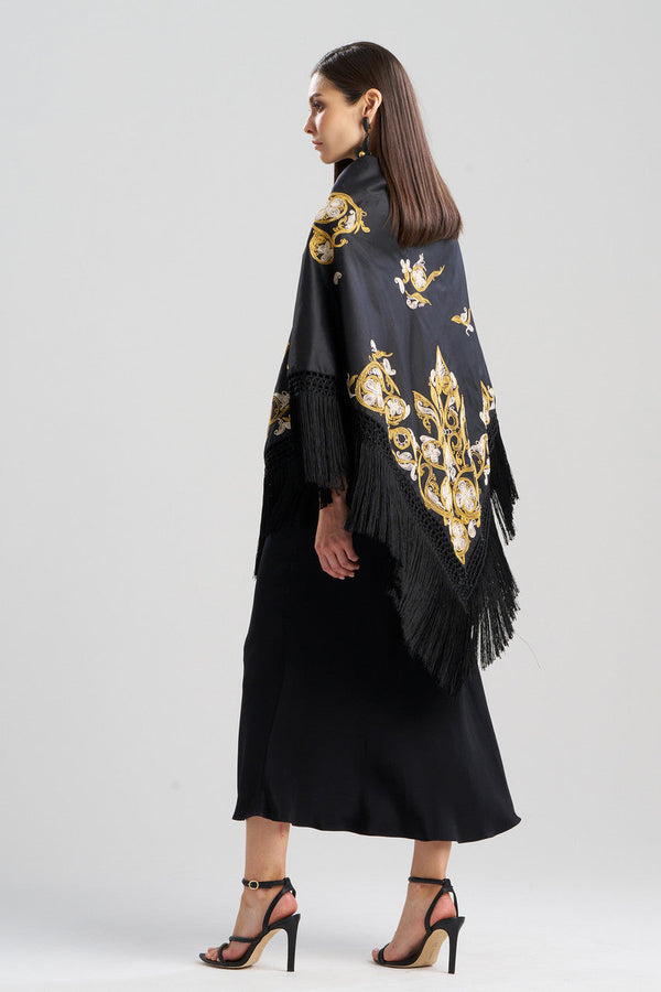 Natori Silk Dupioni Embroidered Silk Fringe Shawl Black