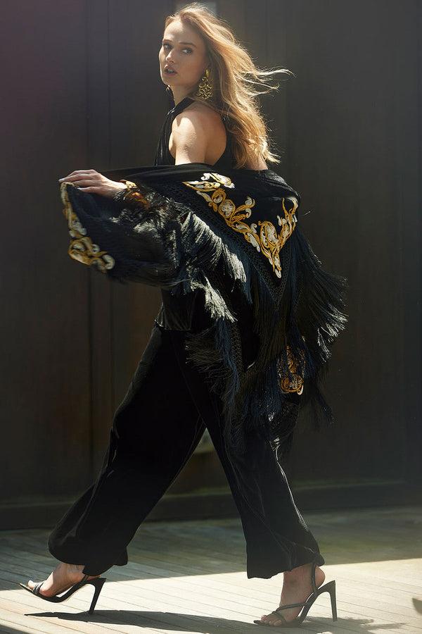 Natori Silk Dupioni Embroidered Silk Fringe Shawl Black