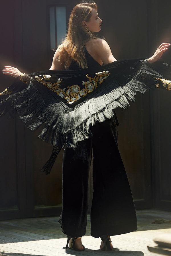 Natori Silk Dupioni Embroidered Silk Fringe Shawl Black