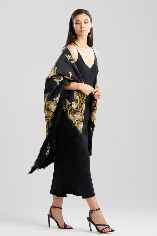 natori Silk Dupioni Embroidered Silk Fringe Shawl Black