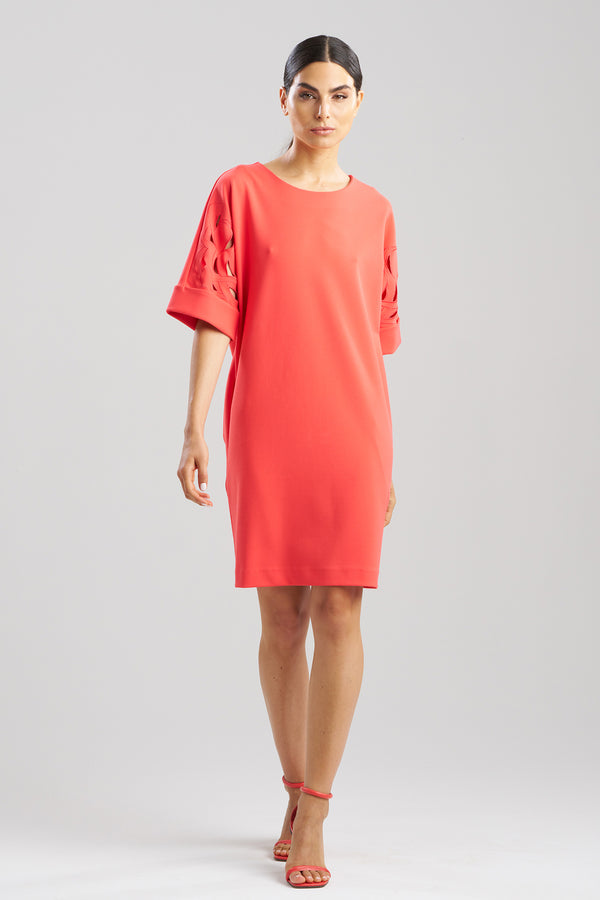 natori Solid Knit Crepe Embroidered Geometric T-shirt Dress Cayenne