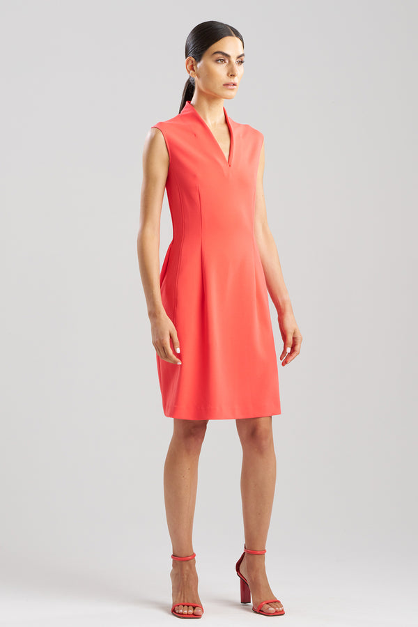 natori Solid Knit Crepe Raised Collar Dress Cayenne