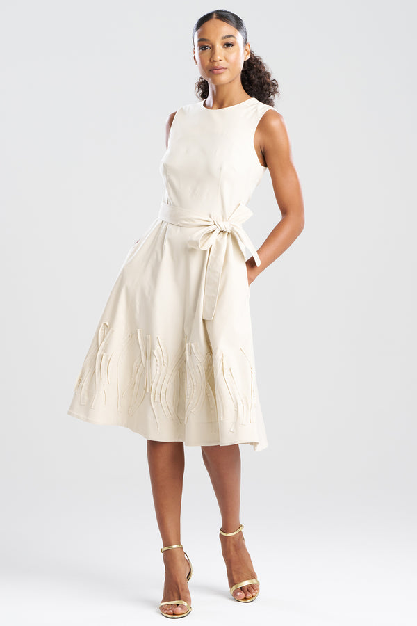 natori Solid Lightweight Woven Embellished Fit & Flare Dress Sandstone