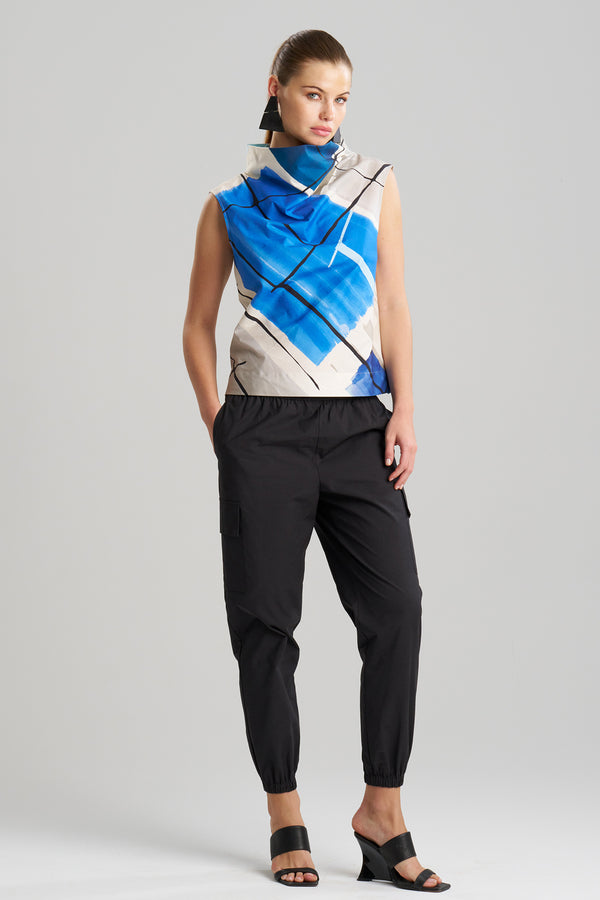 natori Sorairo Printed Cotton Poplin Funnel Neck Top Aster/Grey