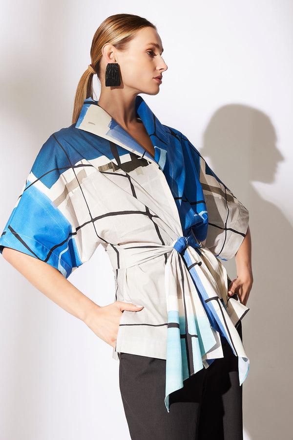 natori Sorairo Printed Cotton Poplin Wrap Top Aster/Grey