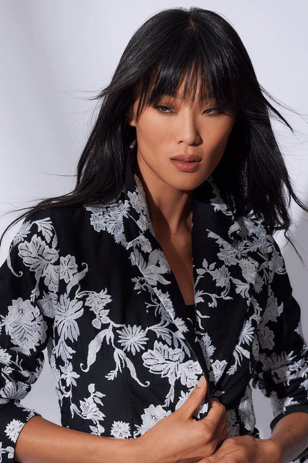natori Tangier Embroidered Cotton Tailored Blazer Black/White