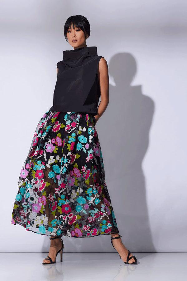 natori Tangier Embroidered Tulle Maxi Skirt Black Multi