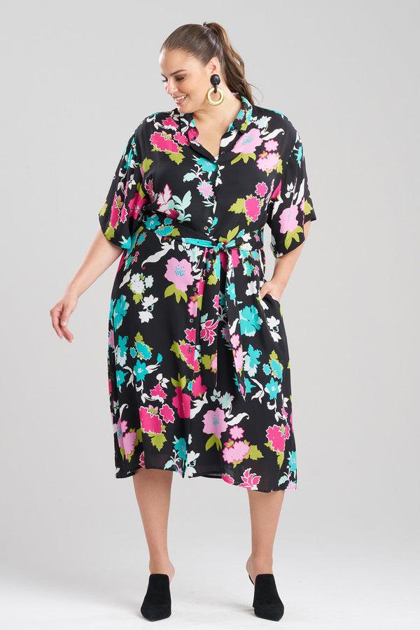 Natori Tangier Printed Silk Georgette Shirtdress Black Multi