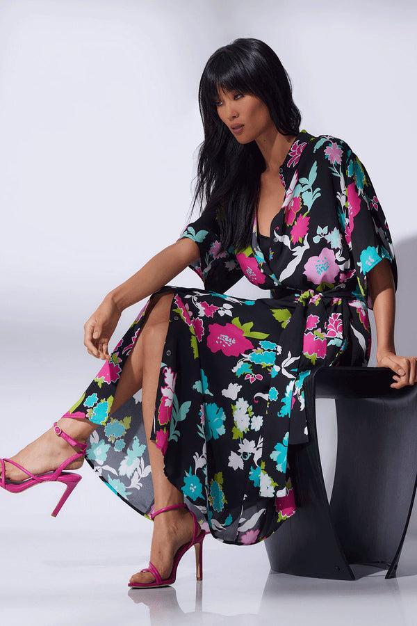 natori Tangier Printed Silk Georgette Shirtdress Black Multi