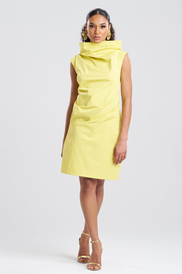 Natori Tech Cotton Taffeta Asymmetric Funnel Neck Dress Lemon