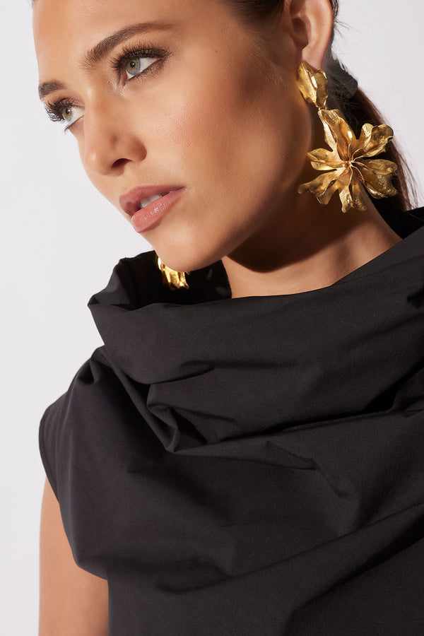 Natori Tech Cotton Taffeta Asymmetric Funnel Neck Top Black