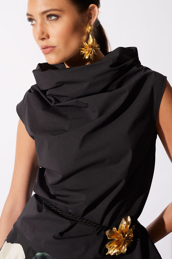 natori Tech Cotton Taffeta Asymmetric Funnel Neck Top Black