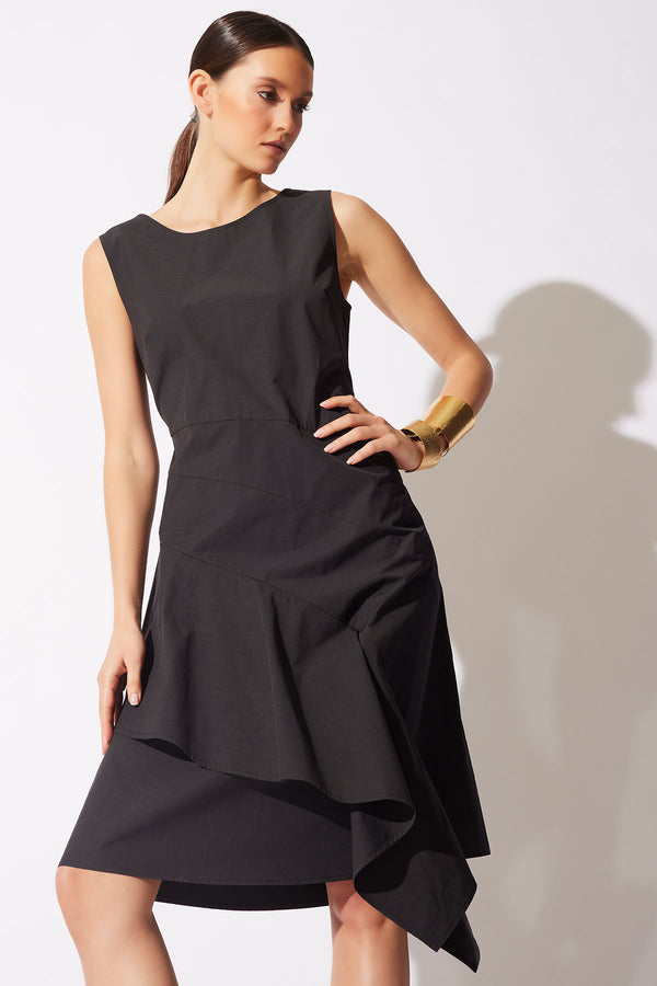 natori Tech Cotton Taffeta Asymmetric Origami Dress Black