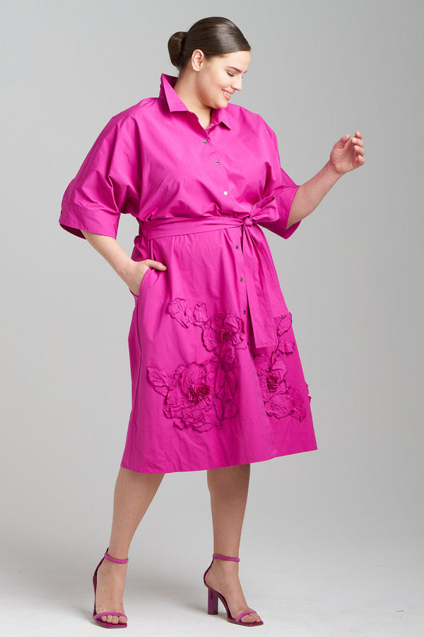 Natori Tech Cotton Taffeta Embroidered Belted Dress Bright Berry