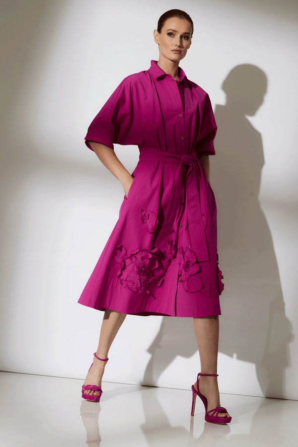 natori Tech Cotton Taffeta Embroidered Belted Dress Bright Berry