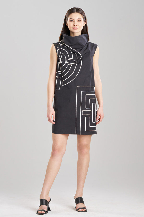 Natori Tech Cotton Taffeta Embroidered Funnel Shift Dress Black