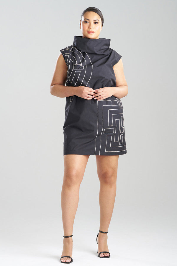 Natori Tech Cotton Taffeta Embroidered Funnel Shift Dress Black