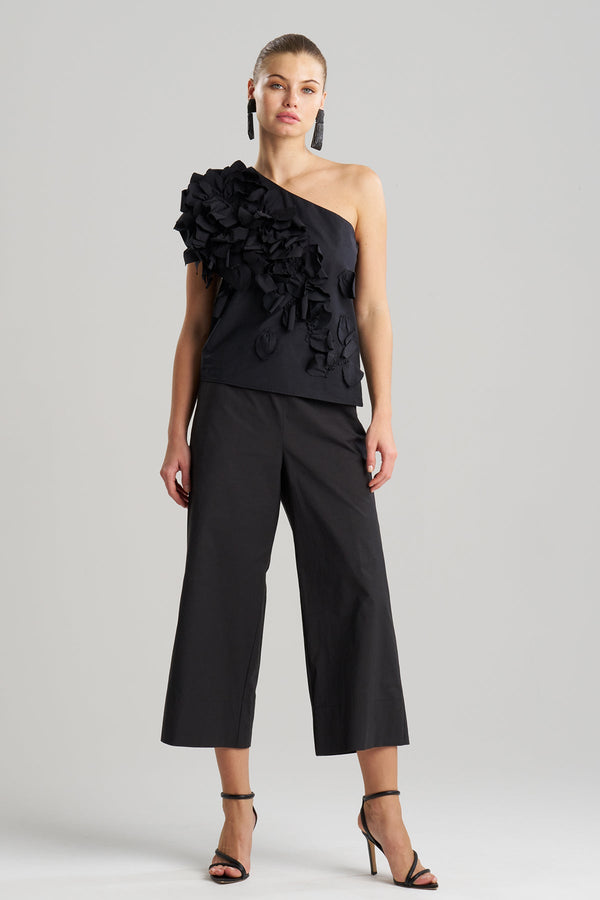 Natori Tech Cotton Taffeta Embroidered One Shoulder Top Black