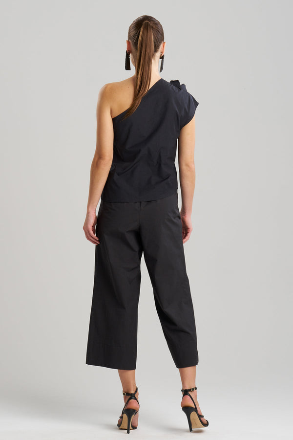 Natori Tech Cotton Taffeta Embroidered One Shoulder Top Black