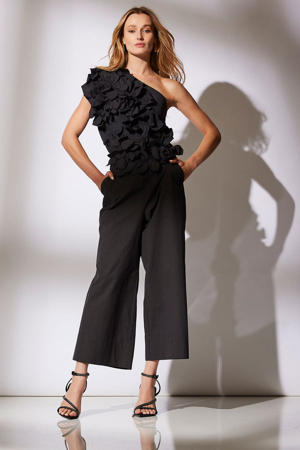 Natori Tech Cotton Taffeta Embroidered One Shoulder Top Black