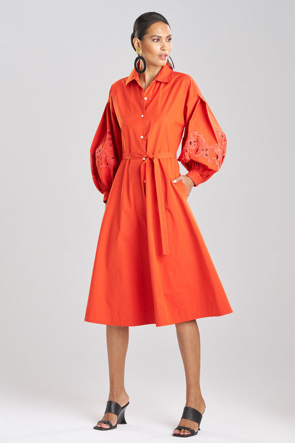 Natori Tech Cotton Taffeta Embroidered Shirtdress Tangerine Orange
