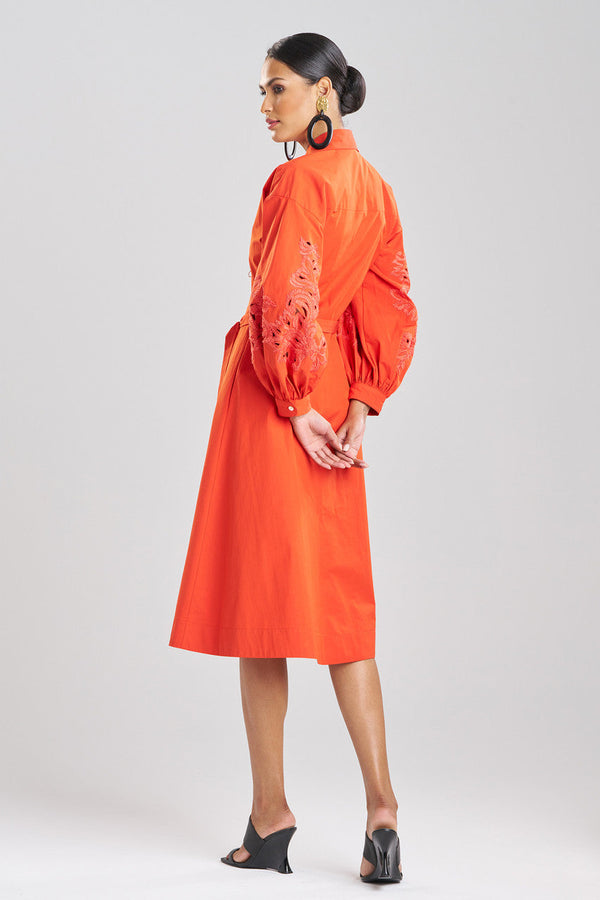 Natori Tech Cotton Taffeta Embroidered Shirtdress Tangerine Orange