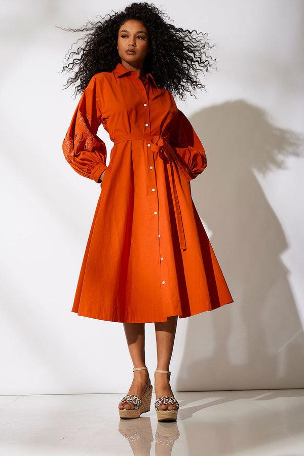 Natori Tech Cotton Taffeta Embroidered Shirtdress Tangerine Orange