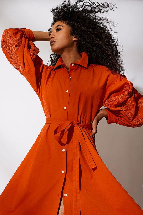 natori Tech Cotton Taffeta Embroidered Shirtdress Tangerine Orange