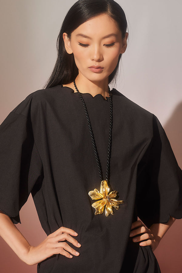 Natori Tech Cotton Taffeta Embroidered T-Shirt Dress Black